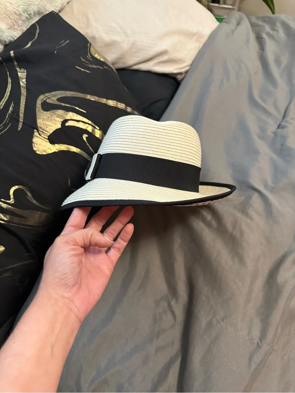 Cream Straw Sun Hat with Black Band and Trim
